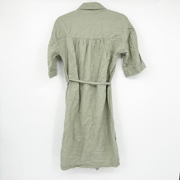 TAHARI Womens 100% Linen Beachy Button Front Belted Shirt Dress Size S Green - Picture 9 of 9